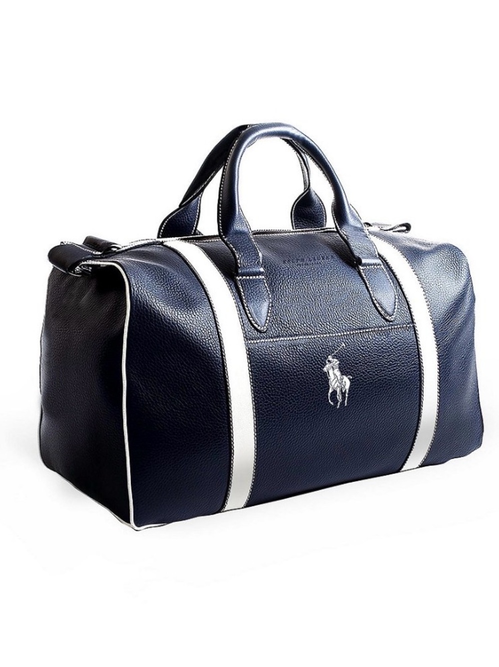 Ralph Lauren navy with white trim faux leather travel weekend duffel bag